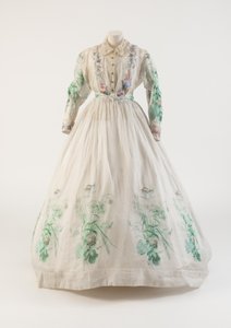 White cotton muslin dress with green floral print design, 1860s